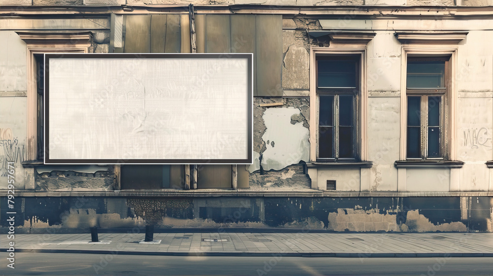 A white, empty billboard stands on the street against the backdrop of old buildings.
A white, empty billboard stands on the street against the backdrop of old buildings.