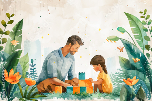 Dad plays building blocks with a toddler girl. Copy space. Father and daughter activities on weekends. Childhood memories. Father's Day. Early development concept.