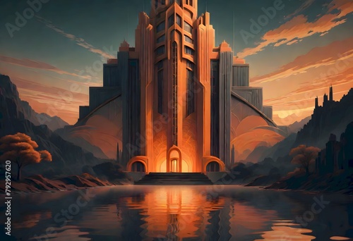 Stunning grand, futuristic building at sunset, mirrored perfectly in the lake below, surrounded by tranquil nature and a colorful sky, generated with AI. photo