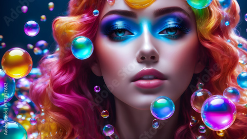 makeup.portrait of a beautiful red-haired girl against the background of soap bubbles
