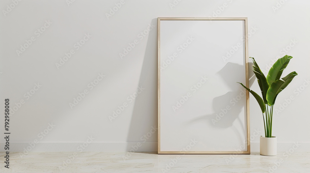 White, empty frame on a wooden table near the wall
White, empty frame on a wooden table near the wall
