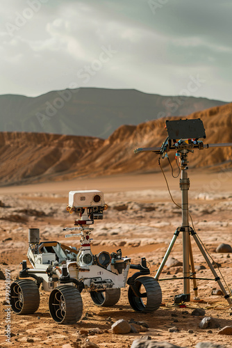 A rover is parked in a desert with a camera on top of it. The camera is pointed towards the sky