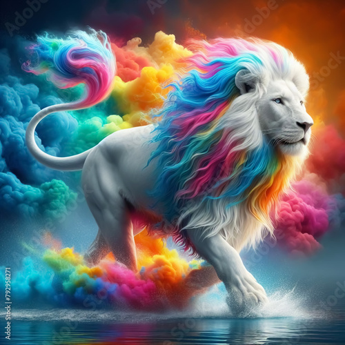 Unreal lion in a fantastic and fantasy environment with the colors of the rainbow. Digital art