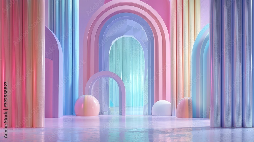 pastel color 3d rendering of a room with arches and spheres pastel color 3d rendering of a room with arches and spheres