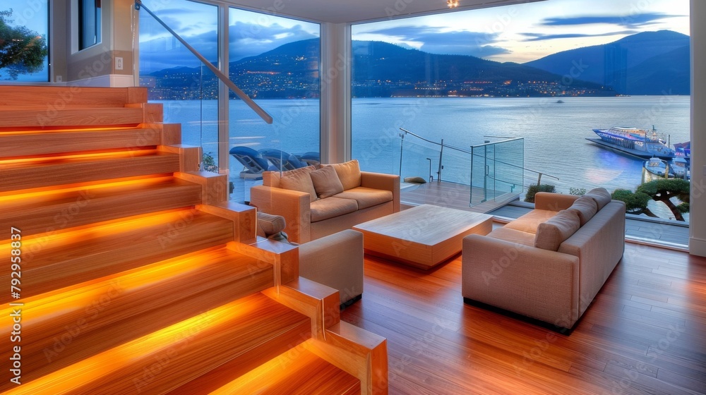 Fototapeta premium Statement staircase in an ultra-modern house, with floating treads
