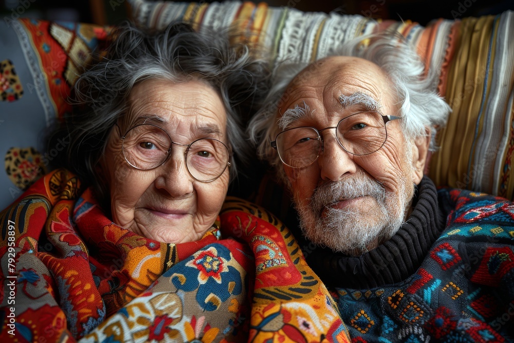 Elderly man and woman in vibrant, patterned clothing, sharing a tender embrace at home Elderly man and woman in vibrant, patterned clothing, sharing a tender embrace at home