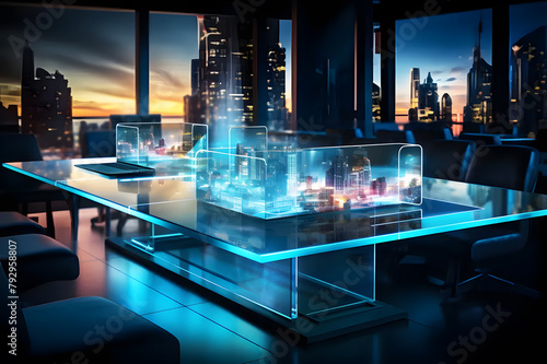 Holographic of digital box model of presenting construction development project city building architecture on table in office meeting room on blur blue background. Future modern interior for business.