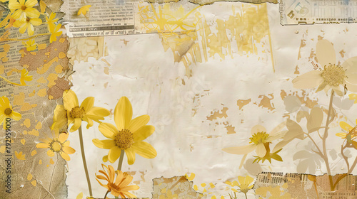 Collage with scraps of newspapers, pages, old paper and flowers
