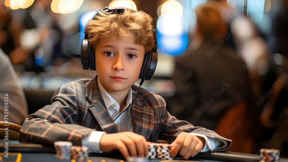 Young boy in vintage suit and headphones having fun playing casino table games at a party. Concept Casino themed photoshoot, Vintage suit fashion, Headphones style, Party atmosphere, Playful poses