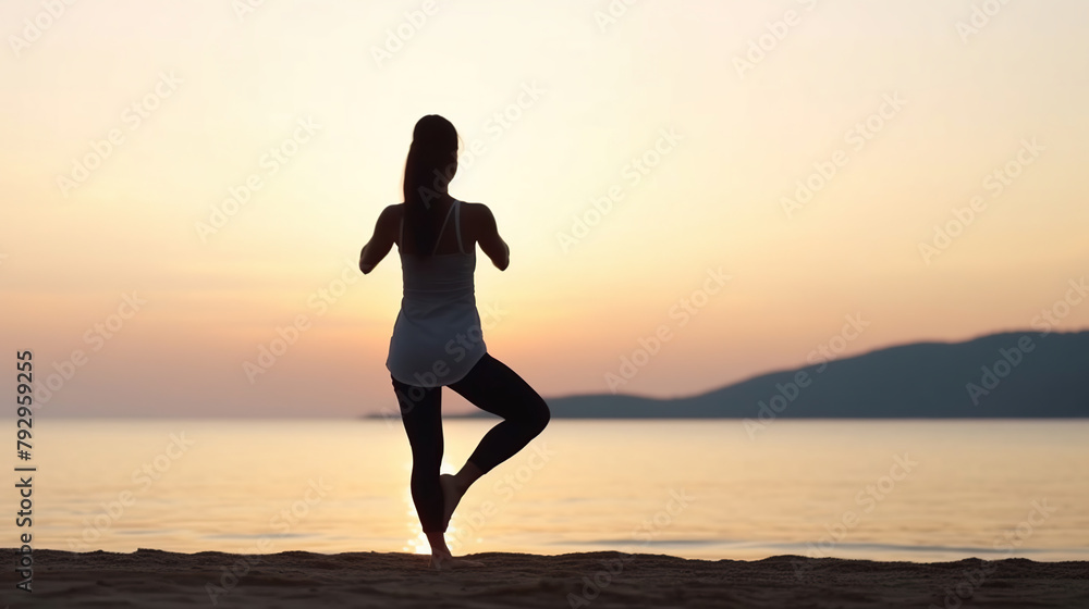Young woman doing yoga exercise Meditation at Beach Sunset