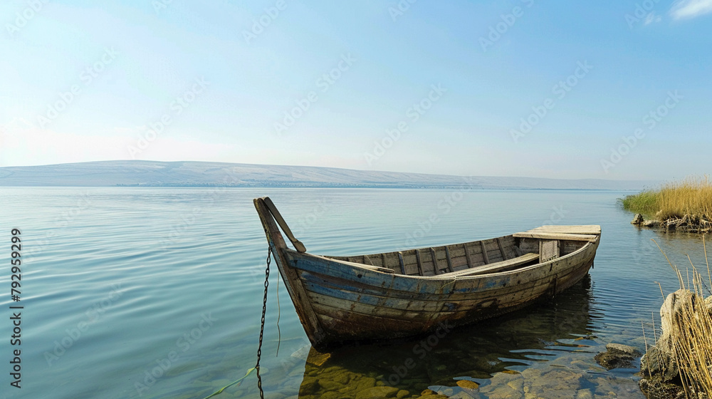 Vintage, old boat on the Sea of Galilee, a Bible within, echoing Old Testament teachings, super realistic