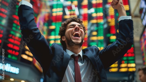 A trader celebrating with fists in the air after making a profitable stock trade, illustrating success in the stock market
