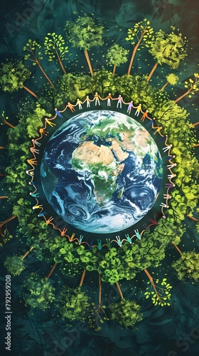 Global Illustrated: A Whimsical Human Chain Around the Earth Bursting with Greenery