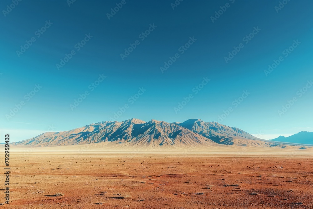 A serene desert landscape with vast plains leading up to a majestic mountain range under a clear blue sky.