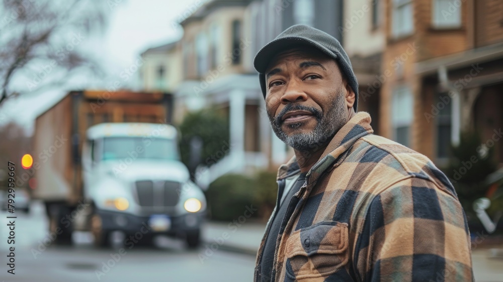 Portrait of african american truck driver in front of his car.