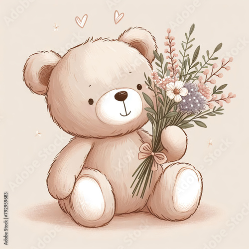 Children's greeting drawing cute teddy bear illustration