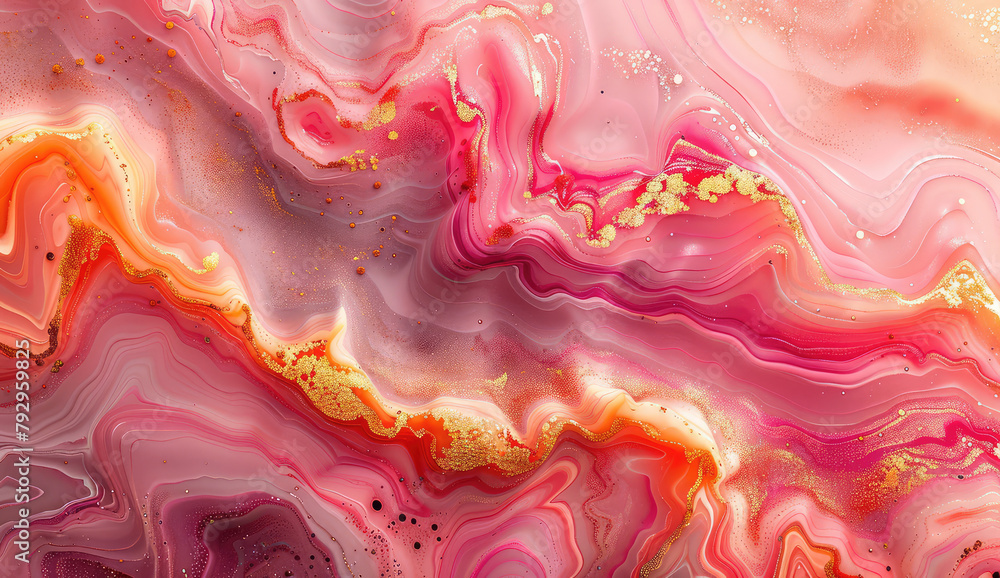 Abstract pink and orange marble background with golden swirls. Created with Ai