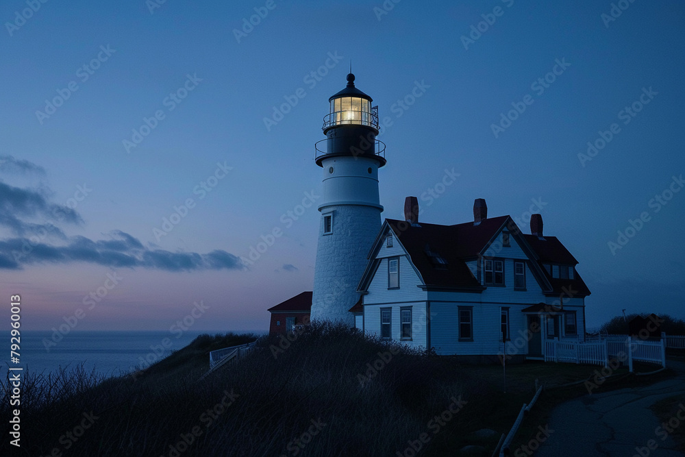 A sense of mystery envelops the fading light around the lighthouse, super realistic