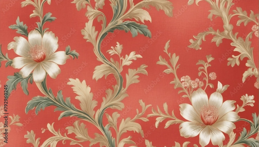 Opulent Coral Cloth, Satin Velvet with Floral Patterns, Golden Accents, and an Elegant Abstract Wallpaper Scheme