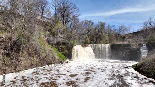 Beautiful waterfall Medina Falls, NY with 40 foot drop over limestone shelf destination for kayakers and tourist who visit this small town in up state New York