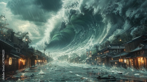 An intense illustration of a tsunami crashing ashore and inundating photo