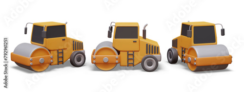 3D road roller in different positions. Heavy equipment for road leveling