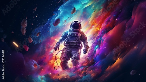 Vivid colorful illustrations of astronaut in space. Cosmos of galaxie.