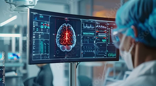 brain testing on digital interface in laboratory, medical technology photo