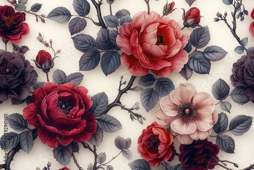 Vintage floral wallpaper, roses and leaves in reds, pinks, grey tones, detailed, hyper realistic style. Created with Ai