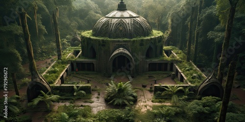 Tucked away in the depths of the forest lies an abandoned building, reclaimed by nature and shrouded in mystery. photo