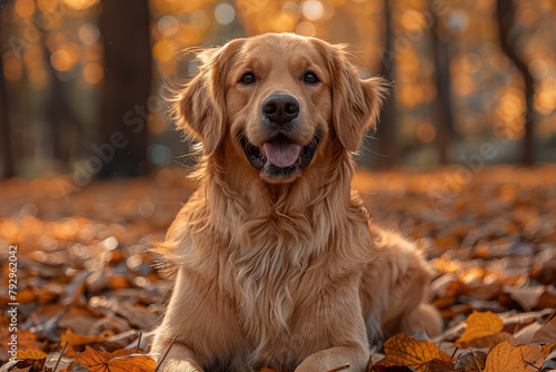 A beautiful golden retriever dog sitting on the ground in an autumn forest, smiling at the camera. Created with Ai