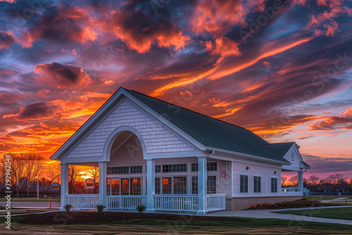 New community clubhouse captured under a vivid sunset sky, featuring a white porch and gable roof with semi-circle window.