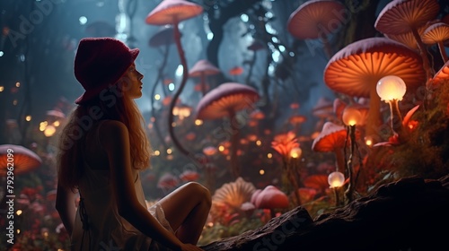 Woman having a fantasy experience on on psychedelic mushrooms in forest.