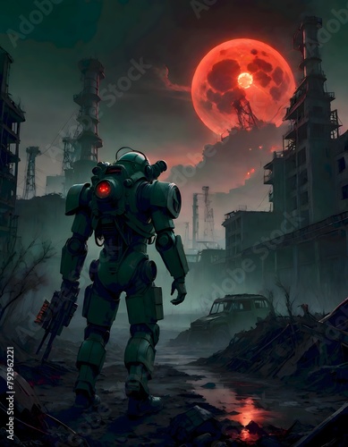 Futuristic robot standing in a desolate, apocalyptic cityscape, illuminated by red moon, dystopian atmosphere, perfect for science fiction themes, generated with AI.