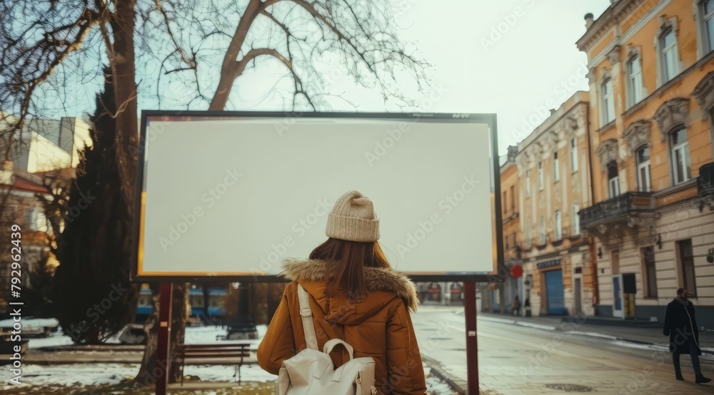 Young woman standing on the street and looking at a blank billboard. Mockup