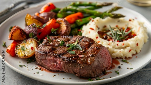 A beautifully plated steak dinner served with roasted vegetables and creamy mashed potatoes