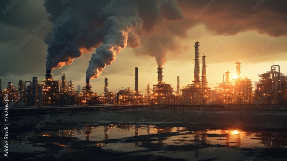 Petrochemical plant with smoking chimneys at sunset. Oil and gas industry