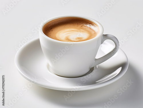 White cappuccino cup on a neutral background with a whipped milk pattern.