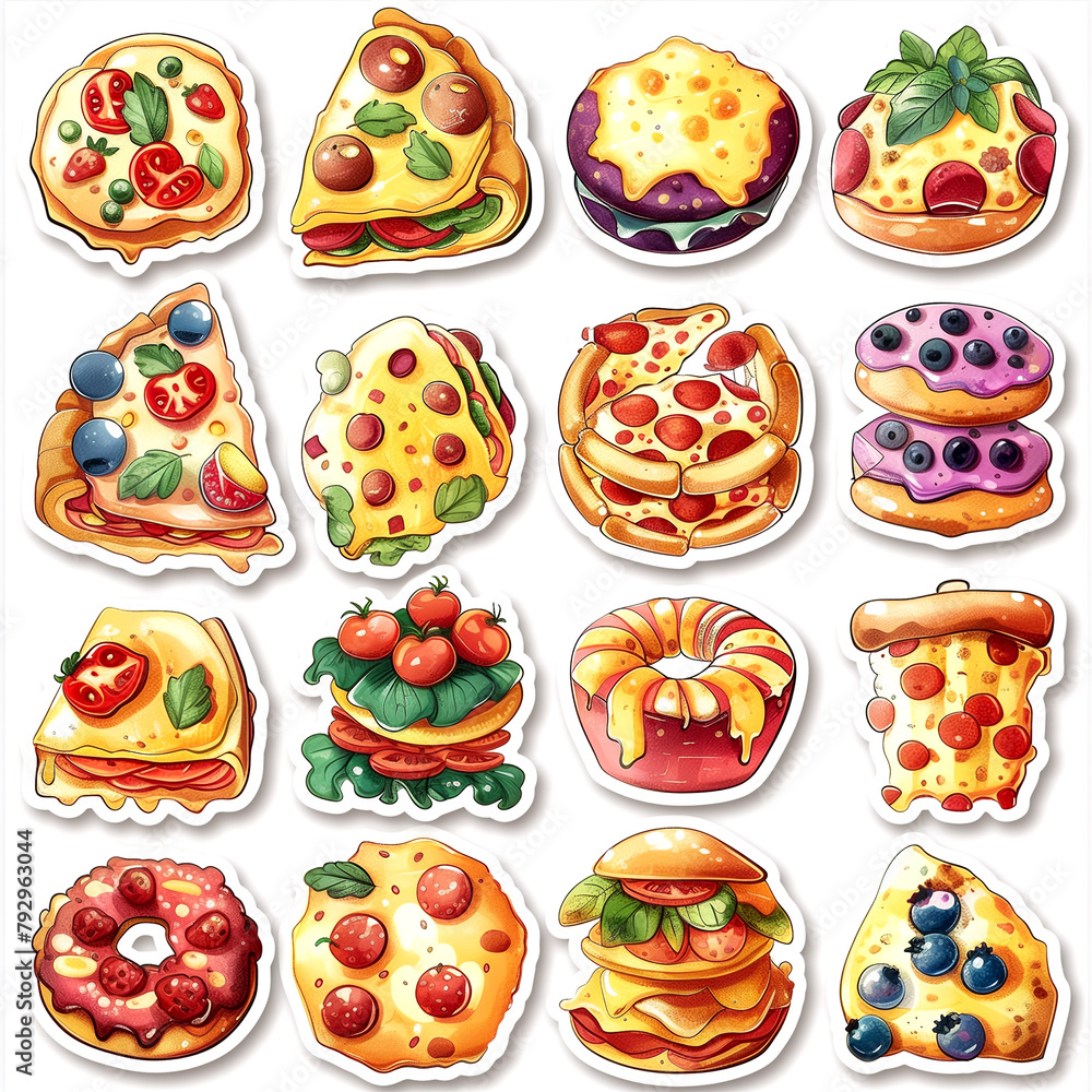 A collection of pizza and donut stickers A collection of pizza and donut stickers