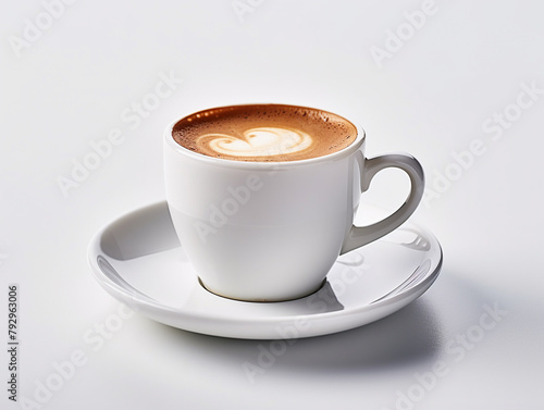 White cappuccino cup on a neutral background with a whipped milk pattern.