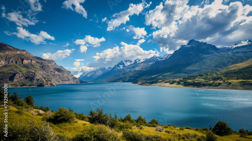 View of mountain peaks and lake in Patagonia Chile