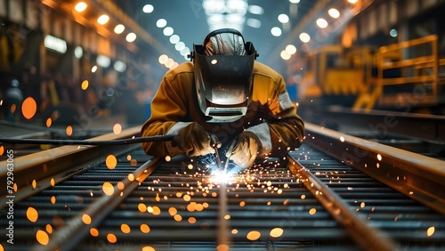 Skilled welder fabricating steel structure at busy construction site highlighting industrial operations. Concept Steel Fabrication, Construction Site, Welding Operations, Industrial Machinery