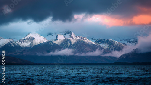 View of mountain peaks and lake in Patagonia Chile