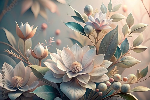 Illustration of flowers and plants in pastel colors. Generative AI photo