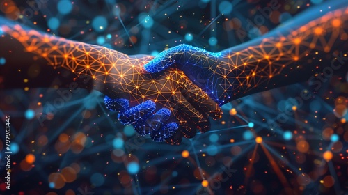 Stylized depictions of handshake agreements with digital effects