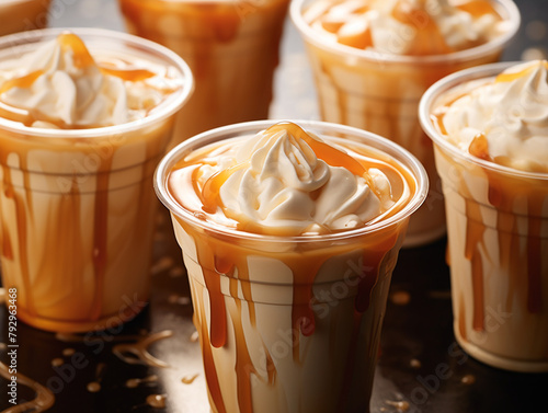 Coffee with cream and caramel on natural background.