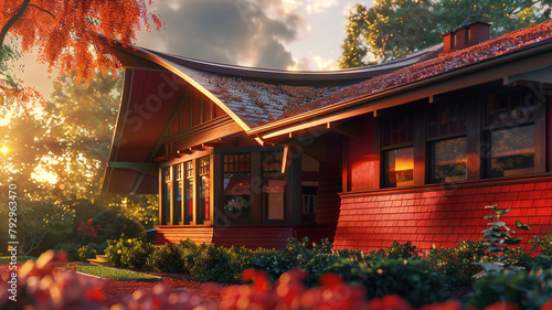 Pre-sunset angle of a fiery red craftsman cottage with a dramatic concave roof, the sun beginning its descent and casting a fiery glow  photo