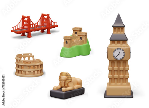 Golden Bridge, Great Wall of China, Colosseum, Big Ben, Great Sphinx