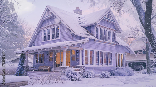 Rear angle of a soft lavender craftsman cottage with a dual pitch roof, during a quiet snowfall, the contrasting pitches photo