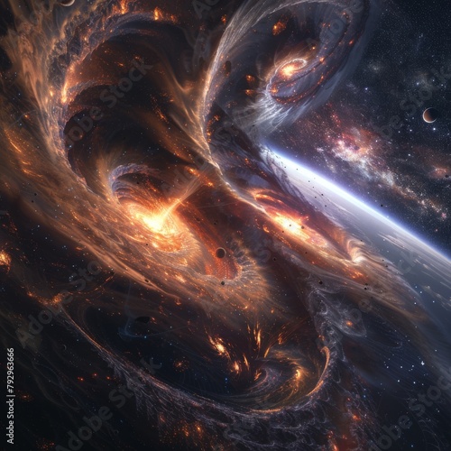 An entangled pair of black holes swirling in space against a starry